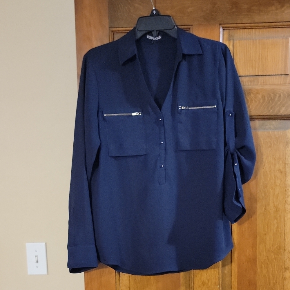Elegant Navy Blouse with Zipper Details